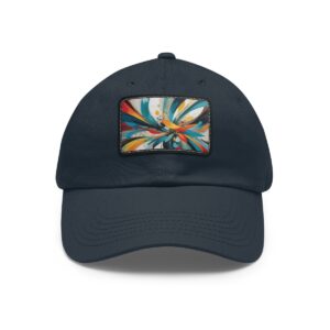 Dad Hat with stitched patch featuring a vibrant abstract design with colorful swirling patterns.