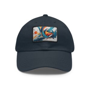 Dad Hat with stitched patch featuring a dynamic abstract design with vibrant swirls and splashes of color.