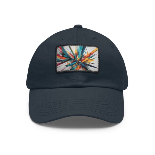 Dad Hat with stitched patch featuring a vibrant abstract burst design with dynamic, colorful lines.