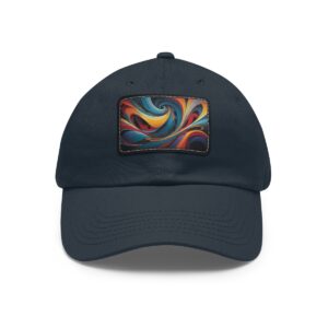 Dad Hat with stitched patch featuring a vibrant abstract swirl design with flowing, colorful patterns.