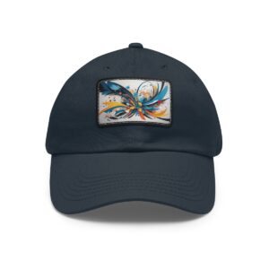 Dad Hat with stitched patch featuring a dynamic abstract design with vibrant, swirling colors.