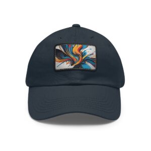 Dad Hat with stitched patch featuring a vibrant abstract swirl design in bold colors.