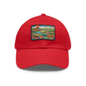 Dad Hat with rectangular patch featuring colorful hot air balloons floating over a vibrant landscape with hills and a river