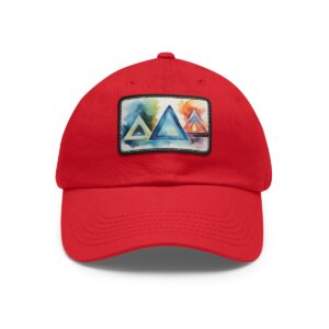 Red Dad Hat with stitched patch featuring a colorful geometric mountain design with triangles in blue, orange, and green.