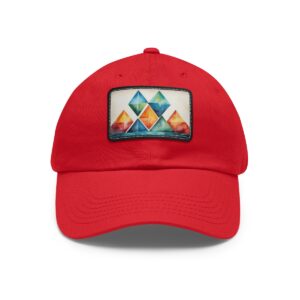 Dad Hat with stitched patch featuring a vibrant geometric mountain design in blue, orange, and red tones on a red hat.