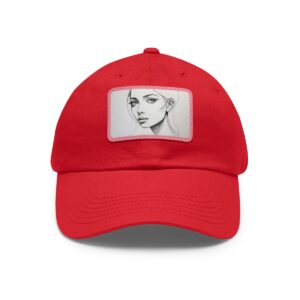 Dad Hat with rectangular patch featuring a minimalist line drawing of a woman's face in a calm, side profile