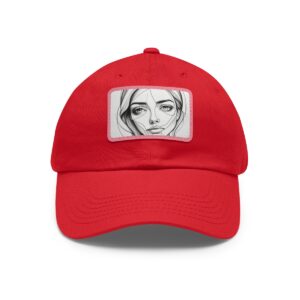 Dad Hat with rectangular patch featuring a minimalist line drawing of a woman's face with expressive eyes