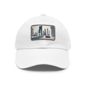 Dad Hat with stitched patch featuring a modern cityscape design in shades of teal and gray.