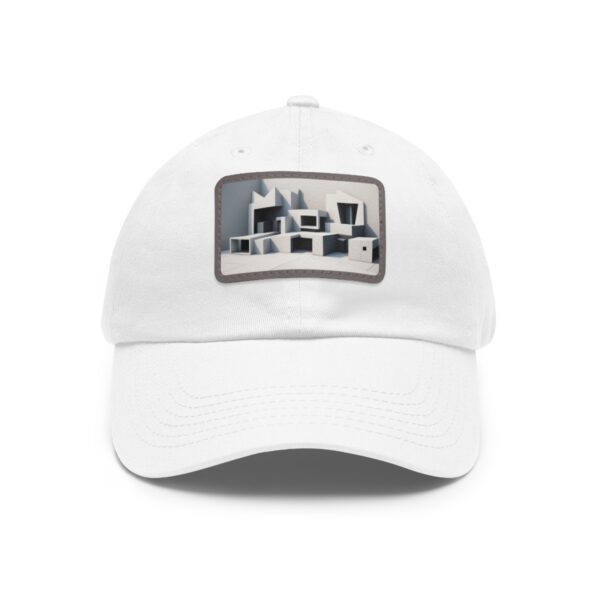 Dad Hat with stitched patch featuring a minimalist architectural design of stacked geometric structures.