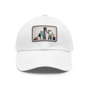 Dad Hat with stitched patch featuring a colorful geometric cityscape design.