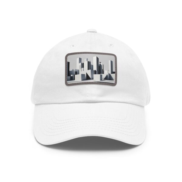 Dad Hat with stitched patch featuring a minimalist cityscape design in grayscale.