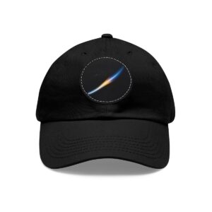 Dad Hat with round patch featuring a comet streaking across a dark sky