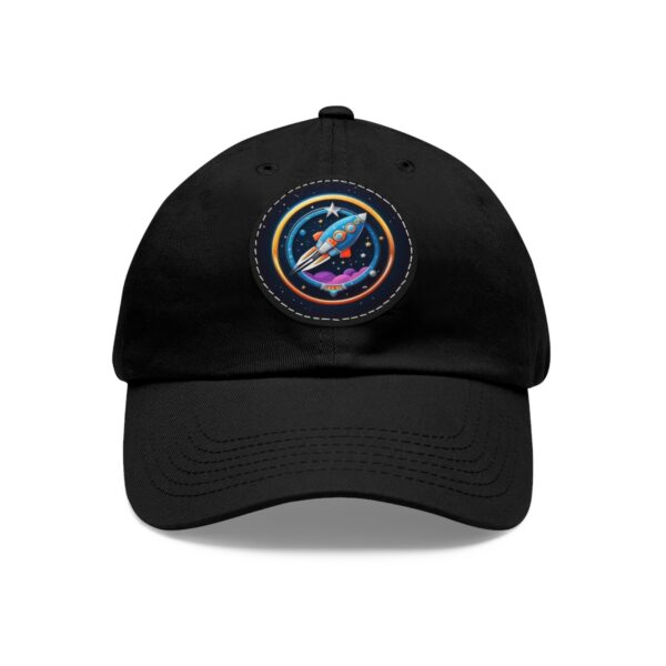 Dad Hat with round patch featuring a colorful rocket ship flying through a vibrant galaxy with stars