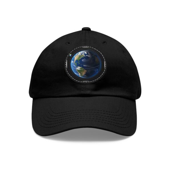 Dad Hat with round patch displaying Earth from space with satellites orbiting the planet