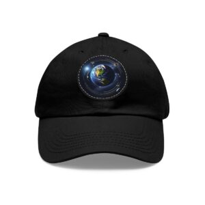 Dad Hat with round patch displaying satellites orbiting Earth, showing a view of the planet from space with surrounding satellites