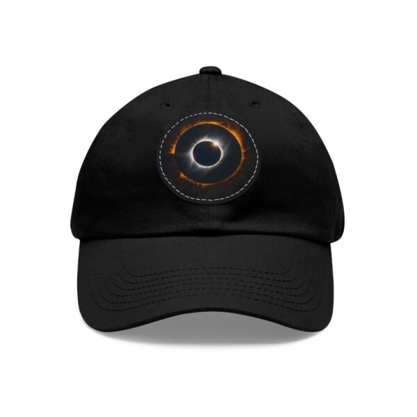 Dad Hat featuring a design of a solar eclipse with a glowing ring and a hint of light on front