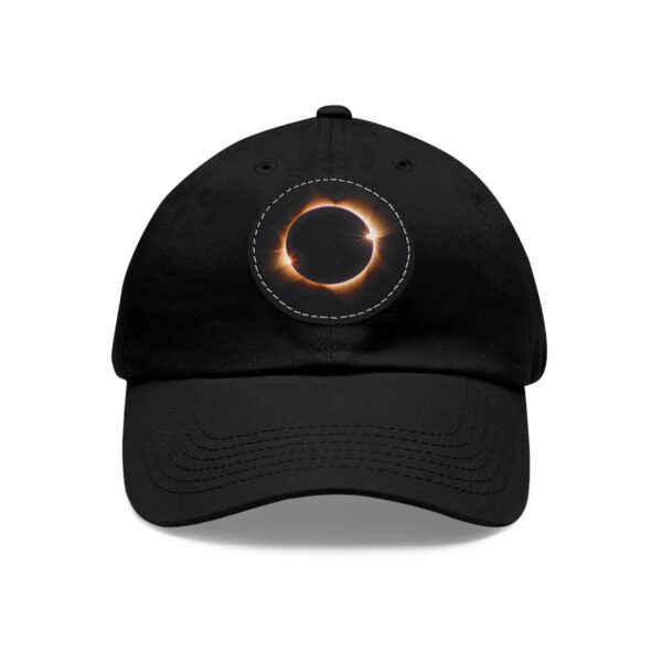 Dad Hat featuring a design of a solar eclipse with a glowing ring of light around a darkened sun on front