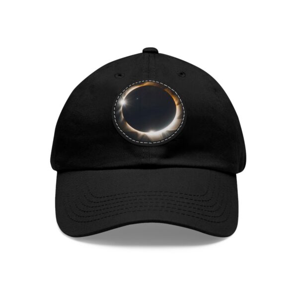 Dad Hat featuring a design of a solar eclipse with a glowing ring of light and starburst effect on front