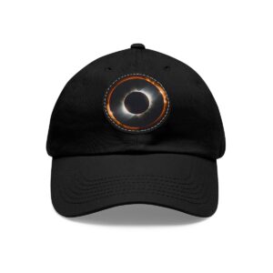 Dad Hat featuring a design of a solar eclipse with a glowing ring of light around a dark center on front