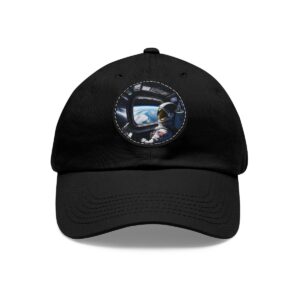 Dad Hat featuring a design of an astronaut inside a spacecraft looking out at Earth through a window on front