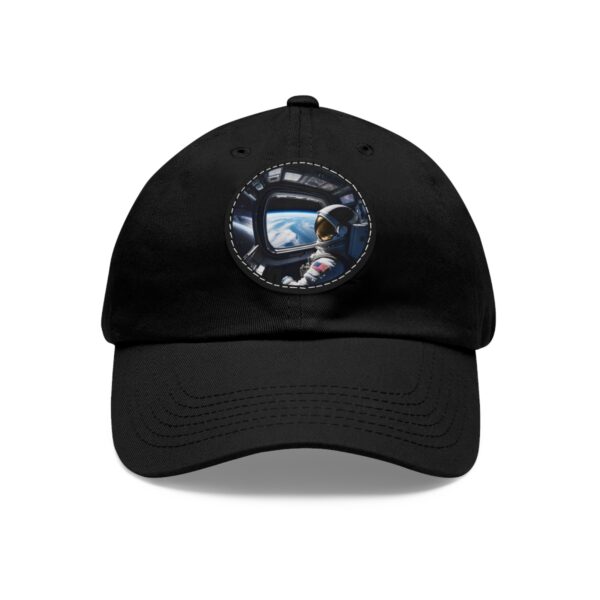 Dad Hat featuring a design of an astronaut inside a spacecraft looking out at Earth through a window on front