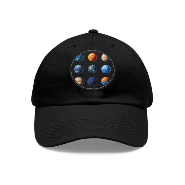 Dad Hat with round patch featuring all planets of the solar system in vibrant colors against a dark background