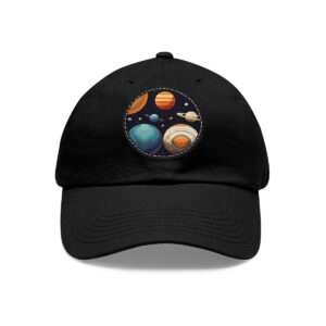 Dad Hat with round patch featuring colorful planets from the solar system against a dark space background