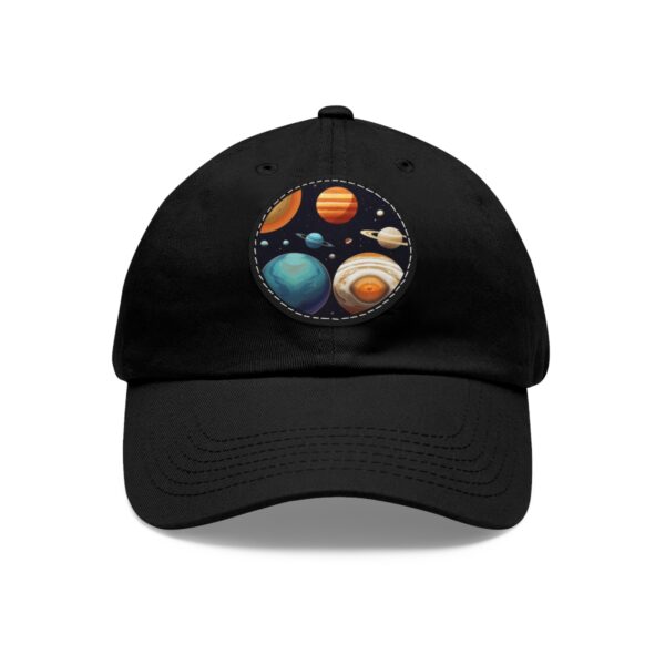 Dad Hat with round patch featuring colorful planets from the solar system against a dark space background