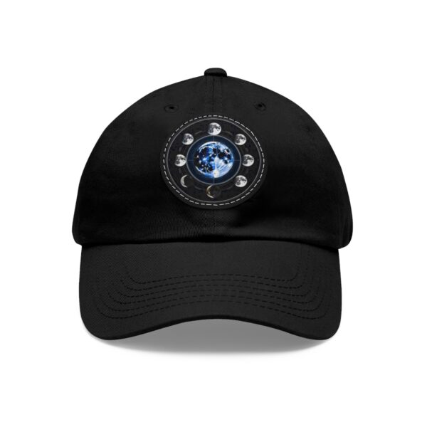 Dad Hat featuring a circular design with phases of the moon surrounding Earth on front