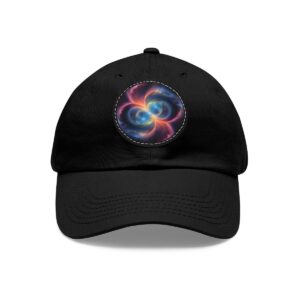 Dad Hat with a galaxy design featuring a colorful, mirrored spiral galaxy on front