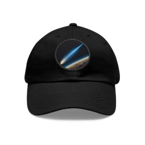 Dad Hat with a comet design featuring a bright streak of light over a planet's surface on front