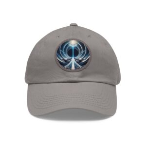 Dad Hat with round patch featuring a futuristic blue energy beam radiating from a central point