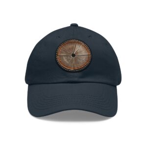 Dad Hat with round patch featuring a sliced wood log design with natural grain details