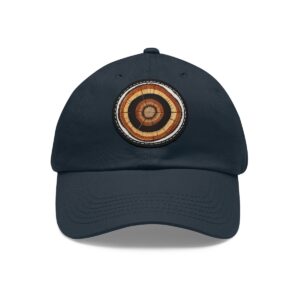 Dad Hat with round patch featuring a concentric wood ring design resembling tree rings