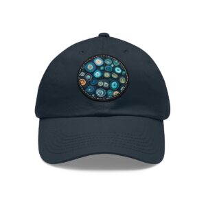 Dad Hat with round patch featuring abstract circular patterns in various shades of blue