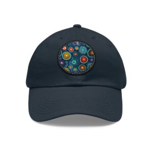 Dad Hat with round patch featuring vibrant abstract circular patterns in various colors