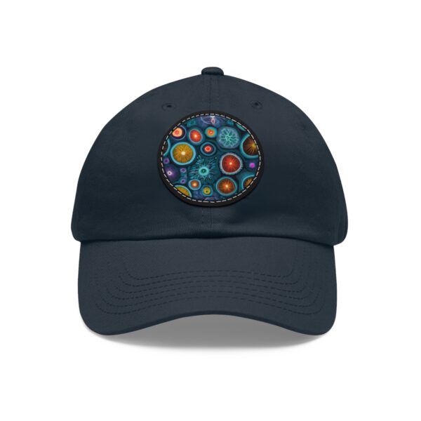 Dad Hat with round patch featuring vibrant abstract circular patterns in various colors