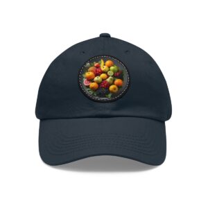 Dad Hat with round patch featuring a colorful assortment of fresh fruits in a circular pattern