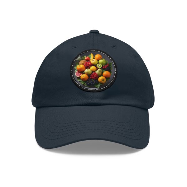 Dad Hat with round patch featuring a colorful assortment of fresh fruits in a circular pattern