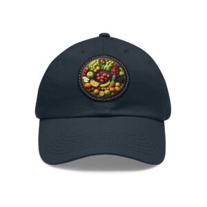 Dad Hat with round patch featuring a colorful arrangement of fruits and vegetables in a circular pattern