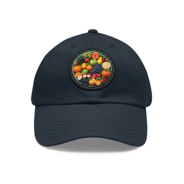 Dad Hat with round patch featuring a vibrant assortment of fruits in a bowl design