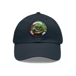 Dad Hat with round patch featuring a vibrant terrarium design with various green plants