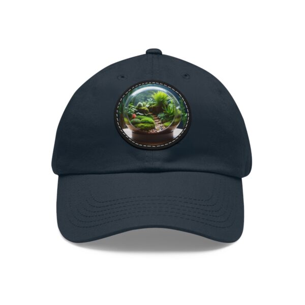 Dad Hat with round patch featuring a detailed terrarium with a pathway design