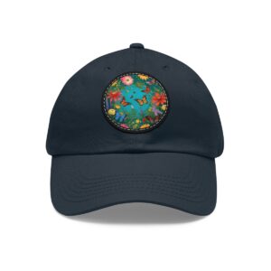 Dad Hat with a colorful floral garden design featuring butterflies and flowers on the front