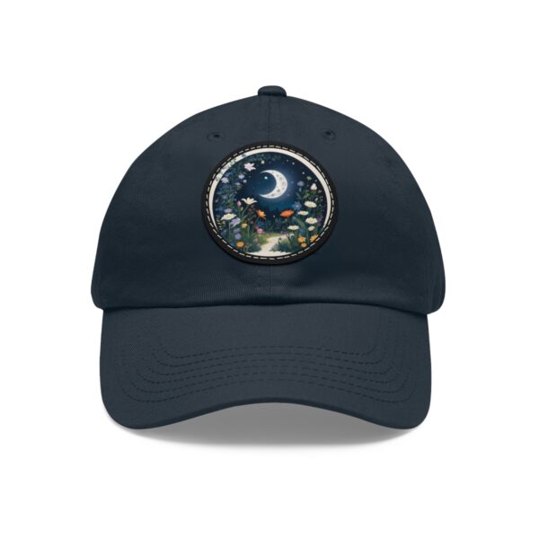 Dad Hat with a crescent moon and enchanting floral garden design on the front