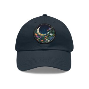 Dad Hat with a crescent moon and whimsical floral garden design featuring colorful flowers on the front