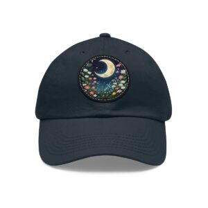 Dad Hat with a crescent moon and colorful garden design featuring flowers and greenery on the front