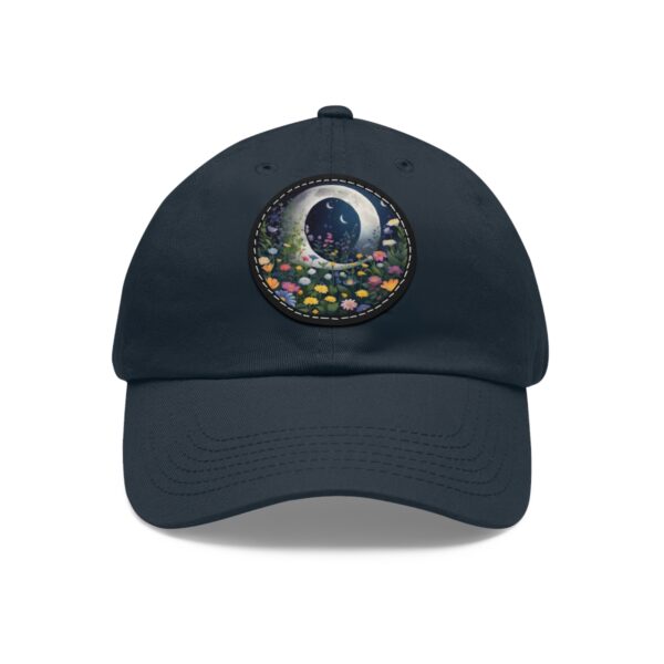 Dad Hat with a crescent moon and colorful floral garden design on the front