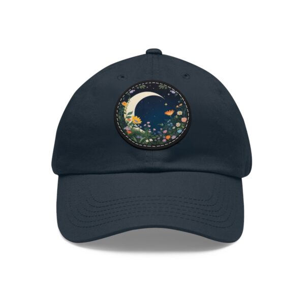 Dad Hat with a crescent moon and vibrant floral garden design on the front