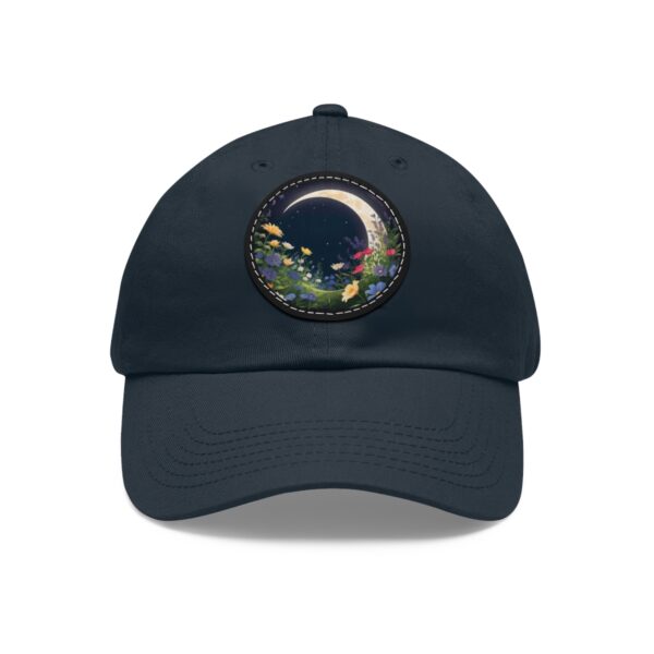 Dad Hat with a crescent moon and floral night garden design on the front